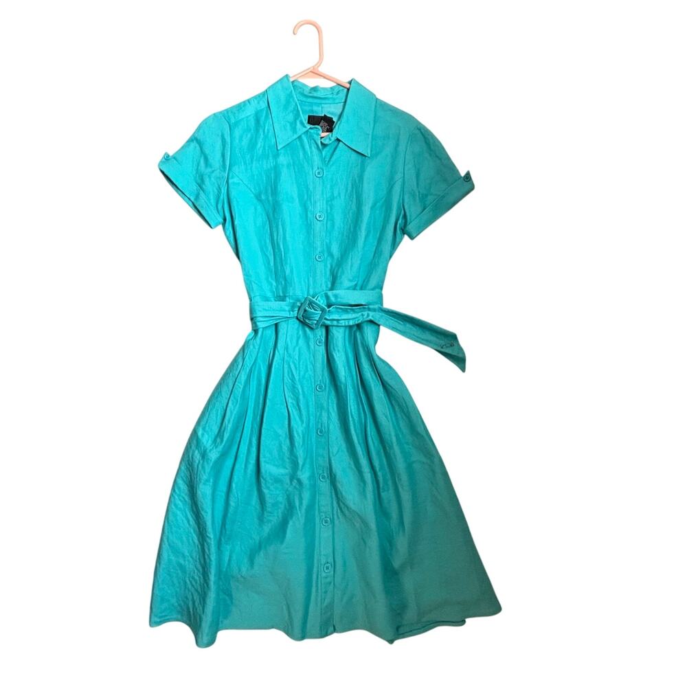 Vntg 80s Womens Linen Rayon Belted Green Button Front Dress Sz 6 Short Sleeve